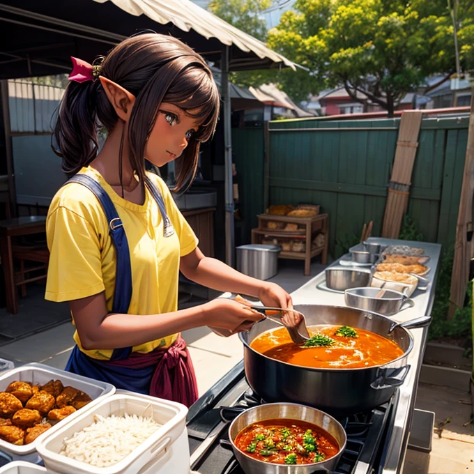 An elf girl with brown skin making curry at a food stall.