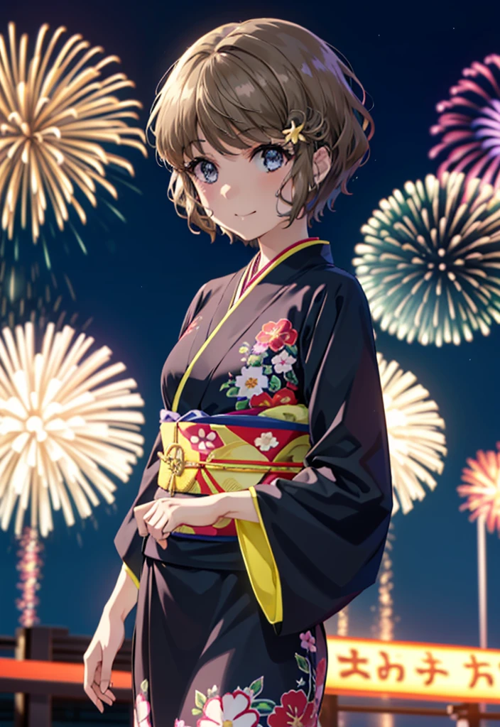 tomoekoga, Chie Koga, short hair, Brown Hair, blue eyes, Flower Hair Ornaments,smile,black kimono,Wide sleeves,日本のFestivalり,夏Festivalりの屋台,Red lantern,Fireworks in the night sky,Fireworks、The place is a fireworks display,Time is night,sunny day,turn around,whole bodyがイラストに入るように
break outdoors,Festival ,
break looking at viewer, whole body,(Cowboy Shot:1.5),
break (masterpiece:1.2), Highest quality, High resolution, unity 8k wallpaper, (figure:0.8), (Beautiful attention to detail:1.6), Highly detailed face, Perfect lighting, Highly detailed CG, (Perfect hands, Perfect Anatomy),