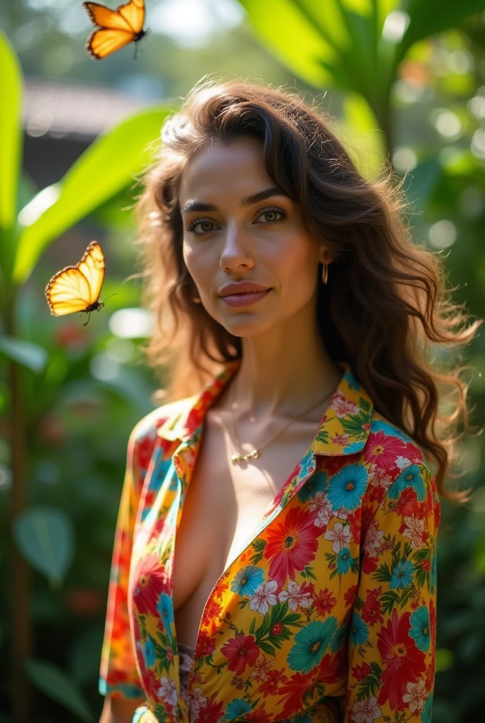 A very attractive Brazilian woman in a lush tropical garden, wearing an open shirt with a floral print, with a close-up capturing the harmonious beauty between her breasts and the natural flowers, showing off your natural charm and outgoing personality.
