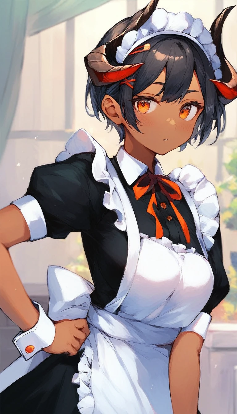 score_9,score_8,score_7,score_8_up,score_7_up、a cartoon drawing of anime like girl in maid clothing wearing a white apron, 1girl, solo, black hair, dark skin, dark-skinned female, horns, maid headdress, hair ornament, maid, looking at viewer, orange eyes, short sleeves, dress, short hair, apron, black dress, wrist cuffs, frills