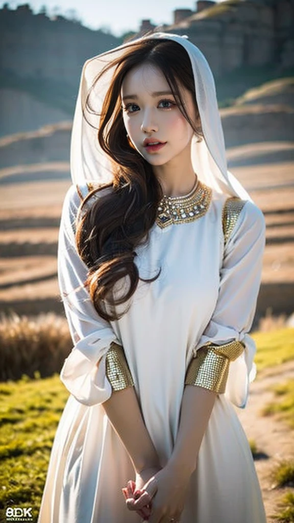 1 girl wearing hsalwar kameez and hijab, beautiful detailed eyes, beautiful detailed lips, extremely detailed face and skin, long eyelashes, traditional pakistani outfit, hijab covering head, hands holding something, standing in rural landscape, golden hour lighting, warm color tones, cinematic mood, intricate details, photorealistic, 8k, high quality, masterpiece