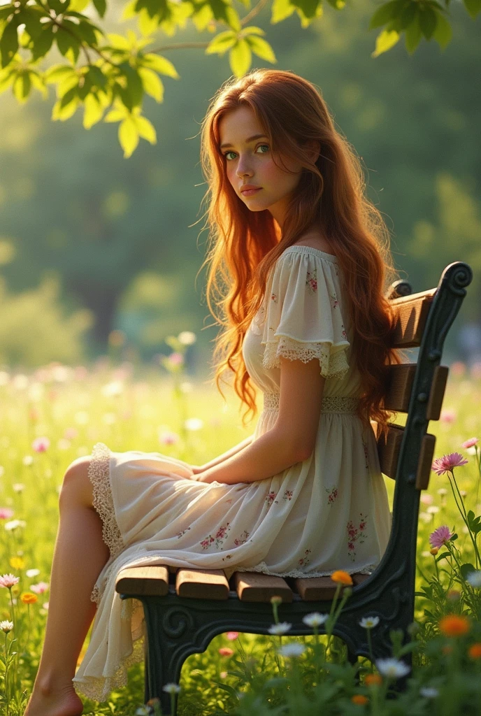 A 15-year-old lady is sitting on a wooden bench. 