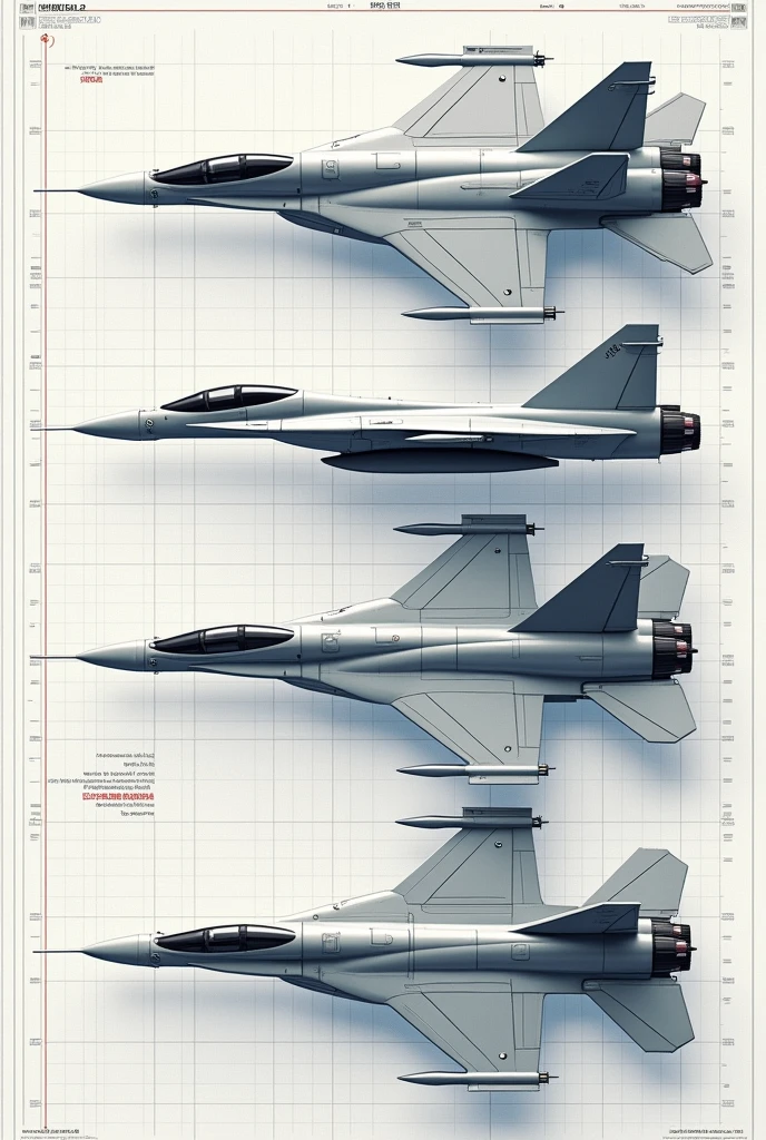 Make a blueprint of a fight jet Inspired by a Su-72, front, back and left and right sides