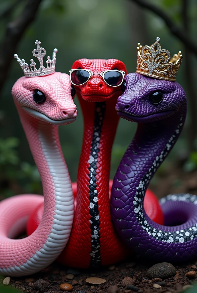 three boa constrictor, like LOLA BOA from Brandy & Mr. Whisker, together like Regina, Karen and Gretchen from MEAN GIRLS.
One boa baby pink with a princess tiara.
the other boa fire red white and black with white gold neorave sunglasses.
the other boa deep bright purple with a queen crown.
All Together in a black forest.