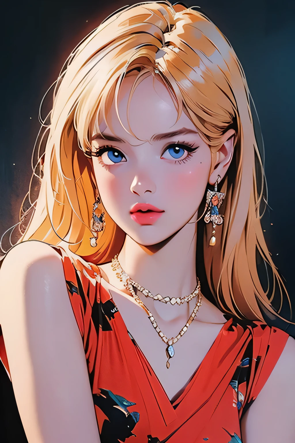 Lalisa manoban, a beautiful young woman with blonde hair with bangs, blue eyes, wearing a yellow dress, heart earrings, red hair bow, 1girl, beautiful detailed eyes, beautiful detailed lips, extremely detailed eyes and face, long eyelashes, high fashion, elegant, cinematic lighting, dramatic lighting, intricate details, photorealistic, 8k, ultra-detailed, best quality, masterpiece, vibrant colors, glowing skin, volumetric lighting, natural pose, dynamic composition, dramatic lighting, chiaroscuro, cinematic framing, moody atmosphere, elegant, glamorous