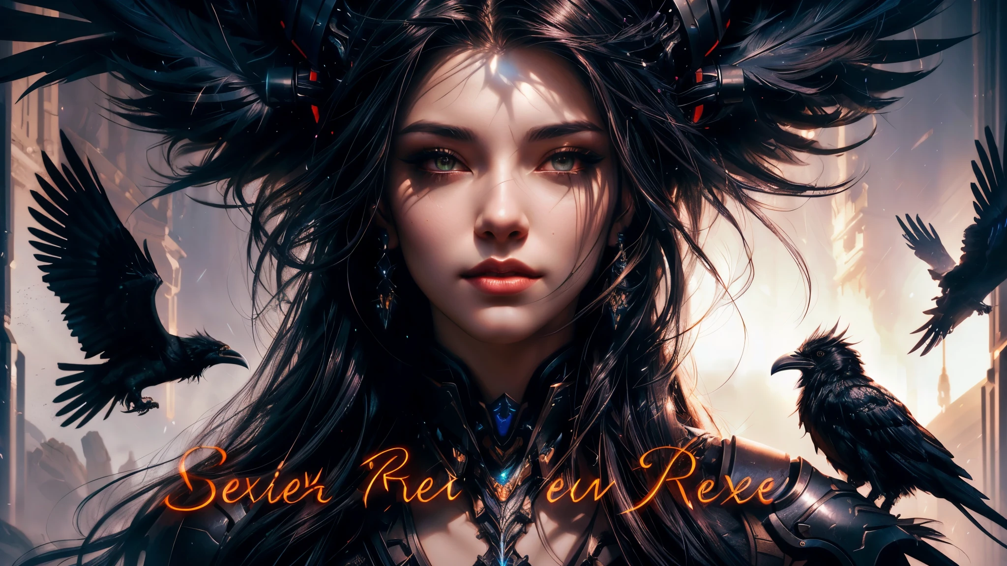 sexyal, fantasy raven style hairs, steel mechanical raven head with hairs, sci-fi, a close up of a sexy woman - sci-FI with a sci fiorer on her face, Mechanical raven IN HAIRS, glowing light feathers in hairs, fiol glowing eyes, hd , cinematic, cinematic light, dinamic, rossdraws portrait, fantasy concept art portrait, wojtek fus, rossdraws 2. 0, rossdraws 1. 0, rossdraws digital painting, epic fantasy digital art style, cgsociety portrait, rossdraws global illumination, :: rossdraws, alexandra fomina artstation
