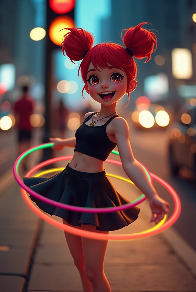 A ROUND girl with red hair tied up in two buns, jupe noir courte et haut noir qui fait du hulahoop au feu rouge avec 3 hulahoop 
Ronde et de dos
De dos