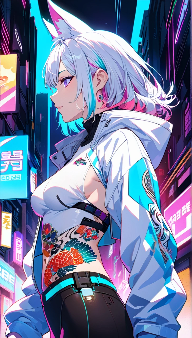 1woman, long white hair with pink and cyan tips,Muticolored hair, fox ears, purple eyes, wearing a white coat,wearing black leggings, wearing white undershirt, tattoos on arms,  colorful japanese koi tattoos, showing body,medium breasts, cyberpunk, profile picture perspective, neon, loose hair, waist up perspective