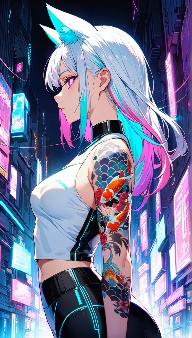 1woman, long white hair with pink and cyan tips,Muticolored hair, fox ears, purple eyes, wearing a white coat,wearing black leggings, wearing white undershirt, tattoos on arms, colorful japanese koi tattoos, showing body,medium breasts, cyberpunk, profile picture perspective, neon, loose hair, waist up perspective