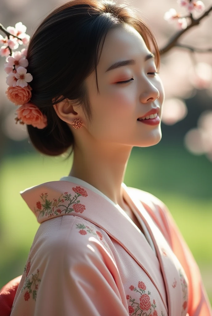 An elegantly dressed Japanese woman in natural light、A close-up of her chest and calm expression.、It shows her inner peace and outer charm.。