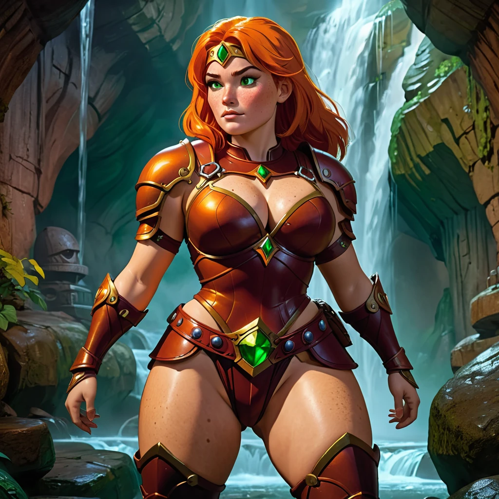 Close up of Dwarven woman, orange hair, maroon armor with gold trim, heavy armor, chubby cheeks, green eyes, freckles on cheeks, (freckles on top of breasts), freckles on legs. She is heavy set with a curvy figure and an ample bosom and wide hips. underground, large cavern, carved stone walls, underground waterfall, underground, interior. Show her walking with her hands on her hips. super high quality, super high detail, masterpiece, 4k, 8k, HDR, masters of the universe, vibrant colors, dark shadows, dim lighting, 3DMM. Ensure her face is highly detailed