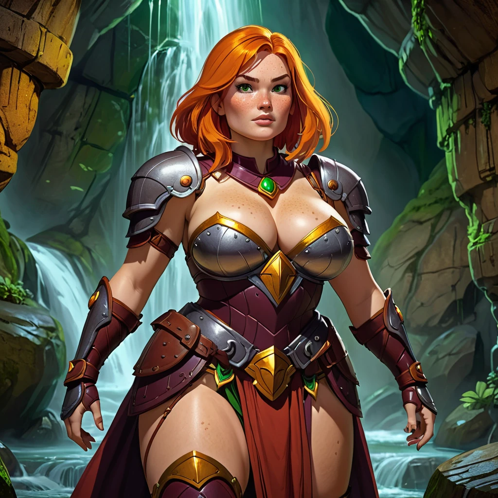 Close up of Dwarven woman, orange hair, maroon armor with gold trim, heavy armor, chubby cheeks, green eyes, freckles on cheeks, (freckles on top of breasts), freckles on legs. She is heavy set with a curvy figure and an ample bosom and wide hips. underground, large cavern, carved stone walls, underground waterfall, underground, interior. Show her walking with her hands on her hips. super high quality, super high detail, masterpiece, 4k, 8k, HDR, masters of the universe, vibrant colors, dark shadows, dim lighting, 3DMM. Ensure her face is highly detailed