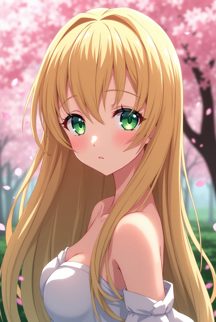 An anime woman white skin green eyes thin nose long straight hair with soft waves blonde with light highlights 