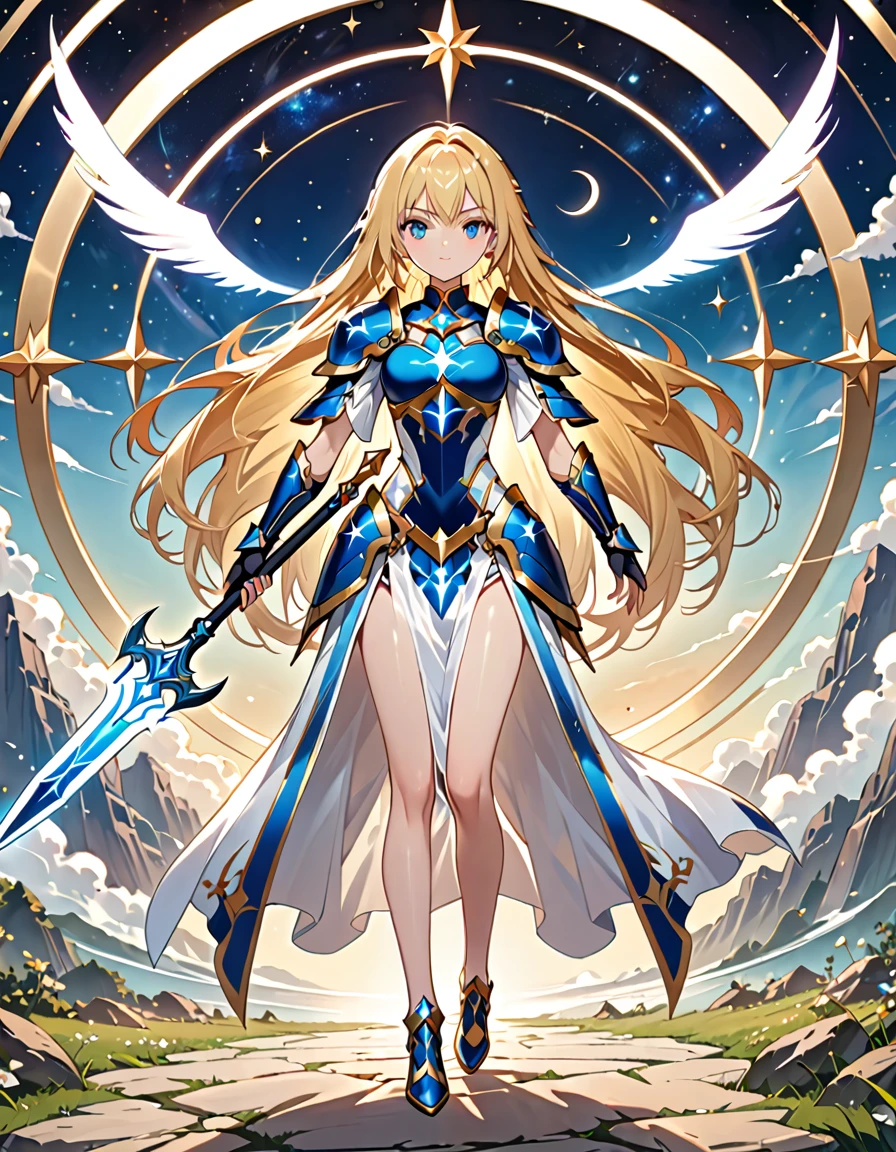 (((Masterpiece, best quality, 16k))) female character with long blonde hair and bright blue eyes. She wears a celestial armor in white, gold, and blue. wields a divine spear. The character has a determined expression, with a heavenly realm as the background. ((full body front view)). ((slender)), (extremely detailed:1.5), (long blonde hair:1.2), (bright blue eyes:1.2), (heavenly realm:1.1), (celestial armor:1.3), (divine spear:1.3).
