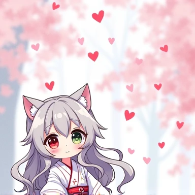 One Woman,Gray Hair,Cat ear,((Chibi Character)) Heterochromia iridis,Eye color,red,White kimono,Star Iris Background(Heart Background,Lots of hearts,pink,Watercolor style) smile,cute,Fantasy