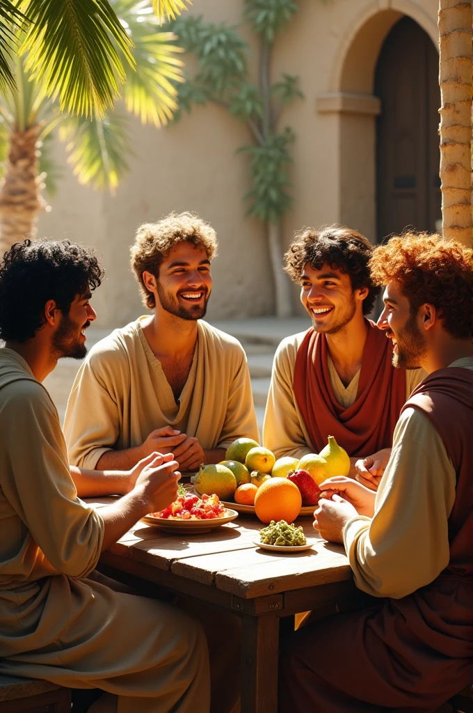 Four young men aged 17 and 18 years old eating fruits and vegetables sitting at a table in the time of Nebuchadnezzar in Babylon dressed in Hebrew clothing of the time, one of them is called Daniel, has black hair with light eyes and fair skin, another is called Ananias, has blond hair, light eyes and blond skin, others are called Shadrach, have brown hair and this one has light skin and Shadrach is also light skin but has red hair.