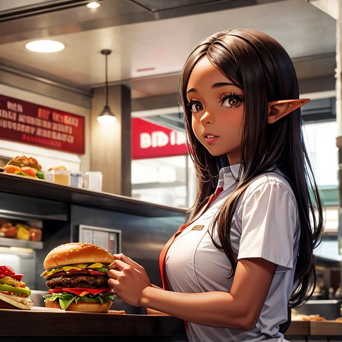A brown-skinned elf girl working at a hamburger restaurant