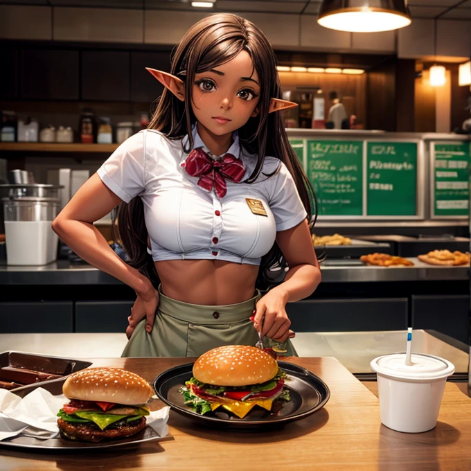A brown-skinned elf girl working at a hamburger restaurant