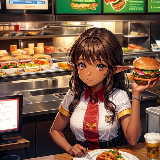 A brown-skinned elf girl working at a hamburger restaurant