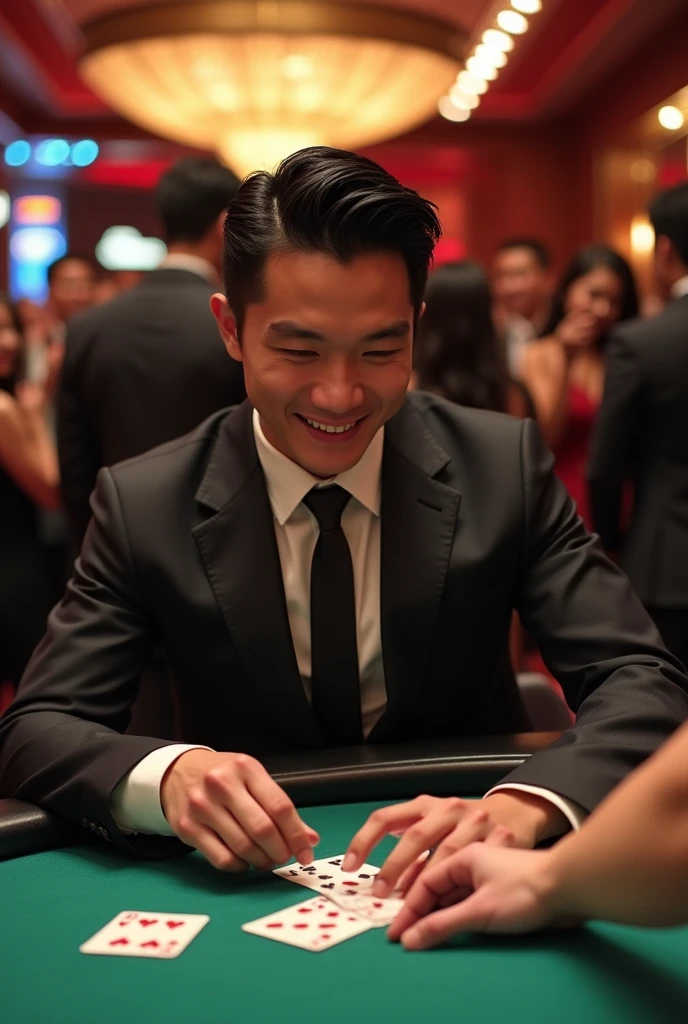 "I'll raise."  A handsome Chinese gambler (slick black hair) piercing dark eyes and a charming smile is wearing a dark suit and tie.  He is sitting at a casino card table while holding two cards in his hands and staring at the three cards showing at the table.  There is a beautiful woman sitting nearby, and many onlookers waiting to see what he will do.