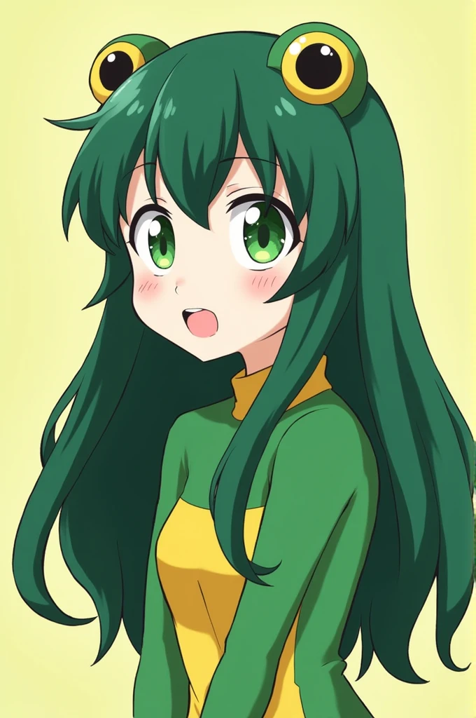 Tsuyu is a cute frog girl with big green eyes and long green hair. *My Hero Academia* waifu