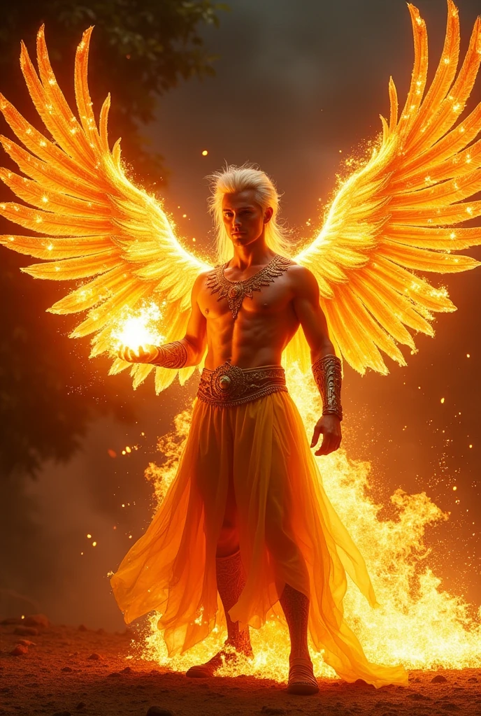 (best quality,4k,8k,highres,masterpiece:1.2),ultra-detailed,(realistic,photorealistic,photo-realistic:1.37),man with phoenix wings on his back,fire surrounding his fist,feathers,captivating expression,flaming wings spread wide,Fiery light,cinematic mood,dramatic angle,heroic stance,mythical creature,sculptural details,radiating power,celestial aura,vibrant color palette,scorching flames,epic fantasy,mythological hero,heroic mythology,combustible energy,luminous heat,dynamic movement,high-contrast lighting,archetypal figure,detailed feather texture,mythical symbolism,fiery trails,embodying strength and grace,vividly glowing embers,powerful presence,extraordinary supernatural ability,astral fire,enduring power and rebirth,fiery spirit,awe-inspiring spectacle