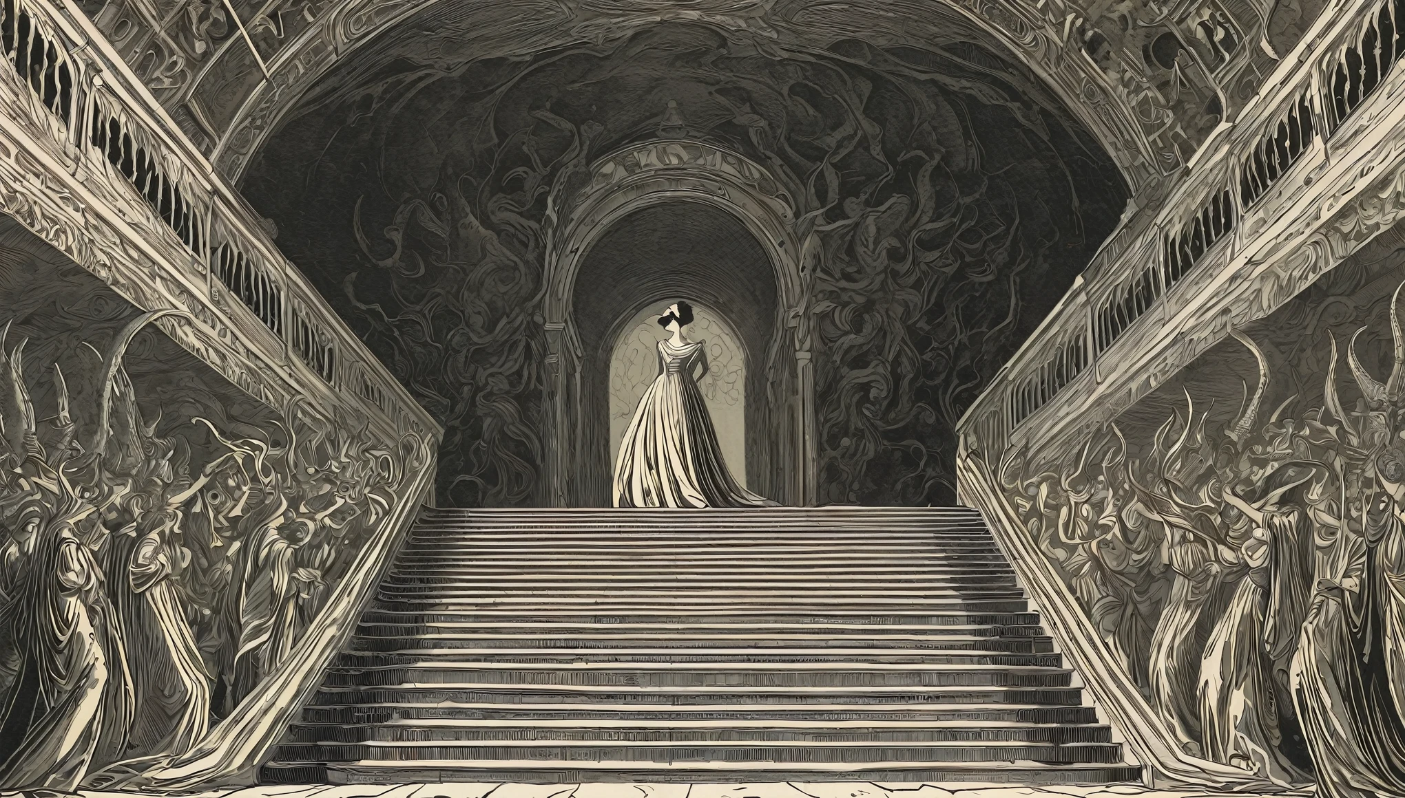 A woman in luxurious clothing arriving at the second level of hell, based on the book "The Divine Comedy" by Dante Alighieri.