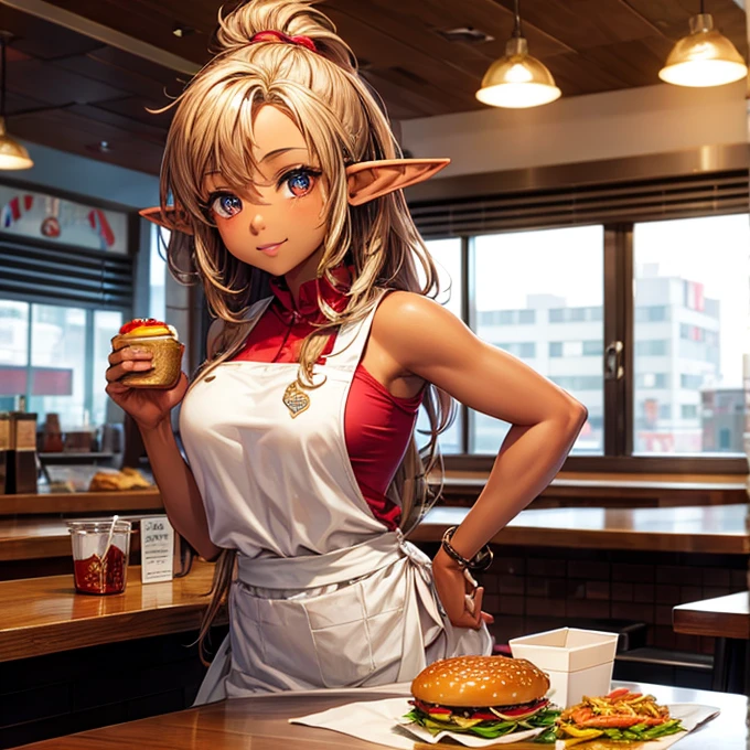 A brown-skinned elf girl working at a hamburger restaurant