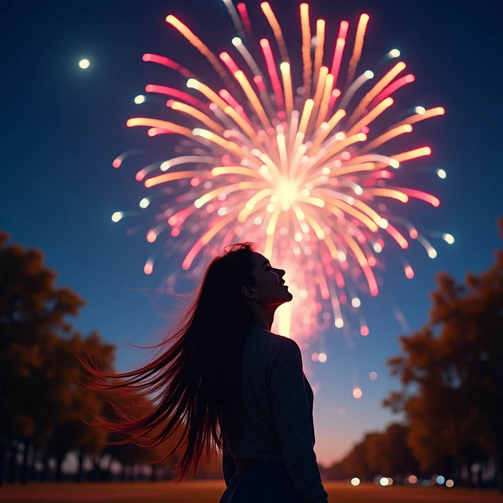 Many fireworks in eyes of young lady at night