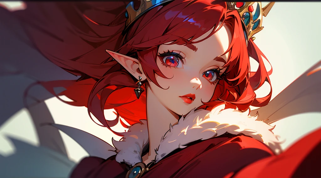 (masterpiece), (Best Quality: 1.0), Little girl, elf, fur rose, with a dress (ultra high resolution: 1.0), Detailed illustration, 8k, lively, 1 Little girl, hermosa lively, with a red dress, Crown of flowers, pretty face, detailed face, beautiful eyes, detailed eyes, dark red eyes, Red lips, red lipstick, beautiful and elegant hair, highlights in hair, bright anime style with bangs, Best Quality, Vibrant