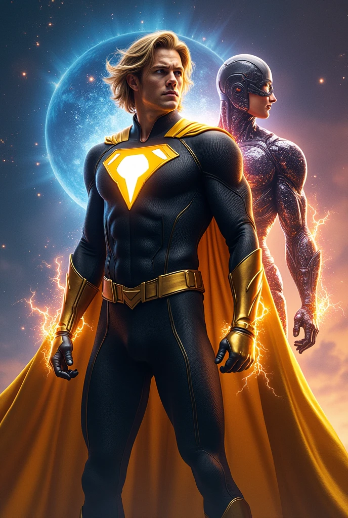 Make a movie poster, make a blonde man with medium hair wearing black and gold superhero attire, with a golden cape with electric powers ,and a humanoid being colored dark galaxy , with cosmic powers 