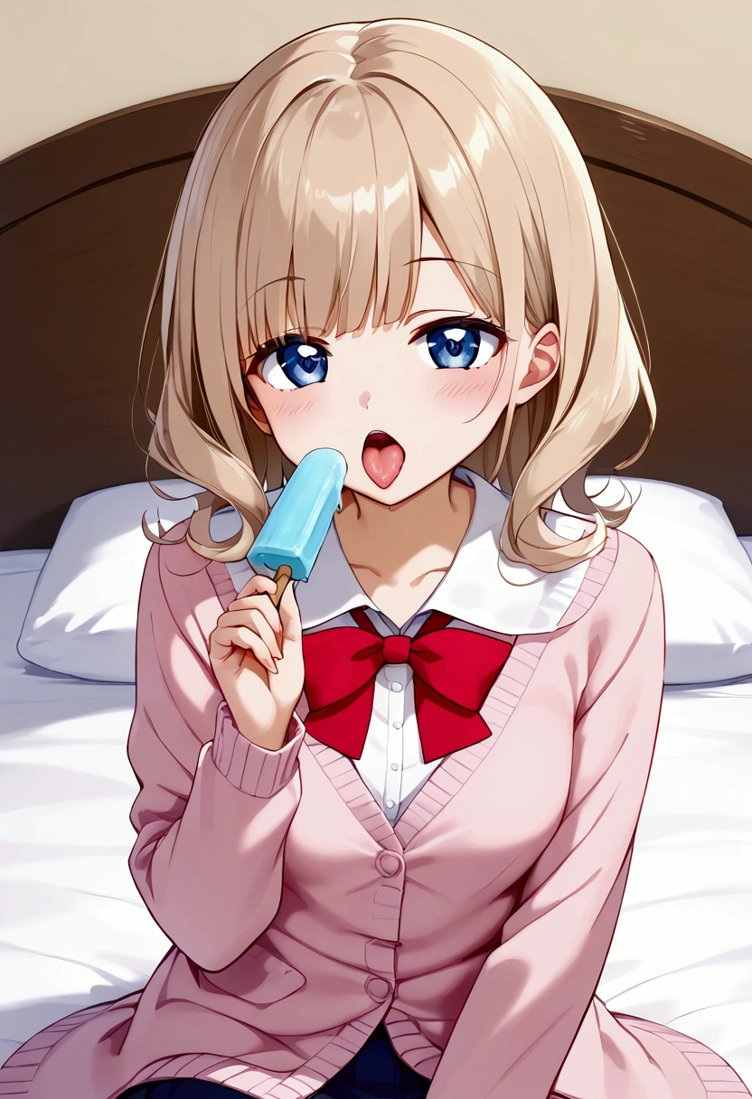 Highest quality, High resolution, masterpiece:1.2, Very detailed, woman1people、cute、Small breasts、(blouse)、Red ribbon、Beige hair、Very young、bed、(Pink Cardigan)、Straight medium hair、Popsicles、((Lots of hearts in the background))、((Popsiclesを舐める))、Open your mouth、tongue、