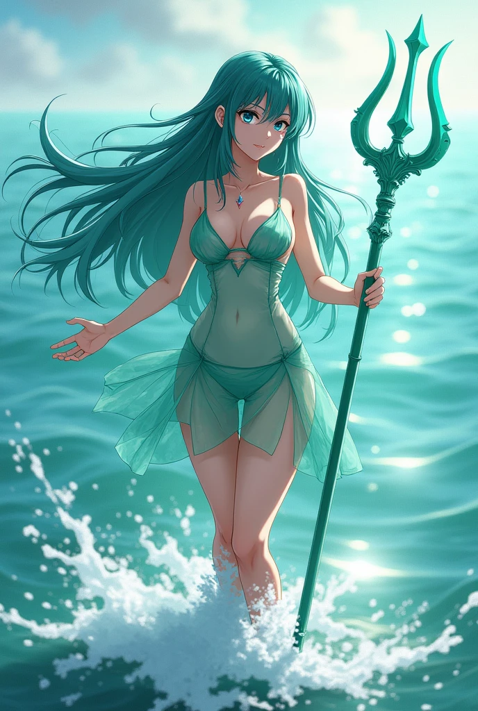 Adult mature anime woman" "teal long hair" "sexy short transparent see through teal dress with cleavage" "nude under the dress" "visible tits" "no underwear" "casting water spell with one hand" "with magical teal trident in the other hand" "on the sea" "suggestive pose"