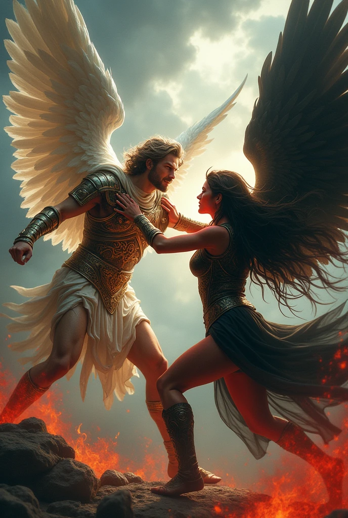 A male angel clad in ancient Greek armor, locked in a sword fight with a beautiful female demon