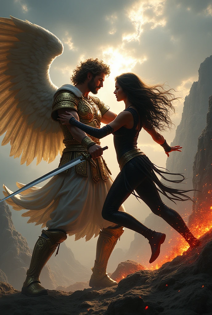A male angel clad in ancient Greek armor, locked in a sword fight with a beautiful female demon