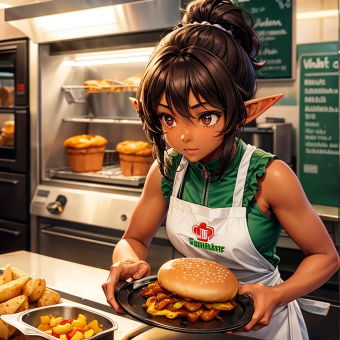 A brown-skinned elf girl frying potatoes at a hamburger joint