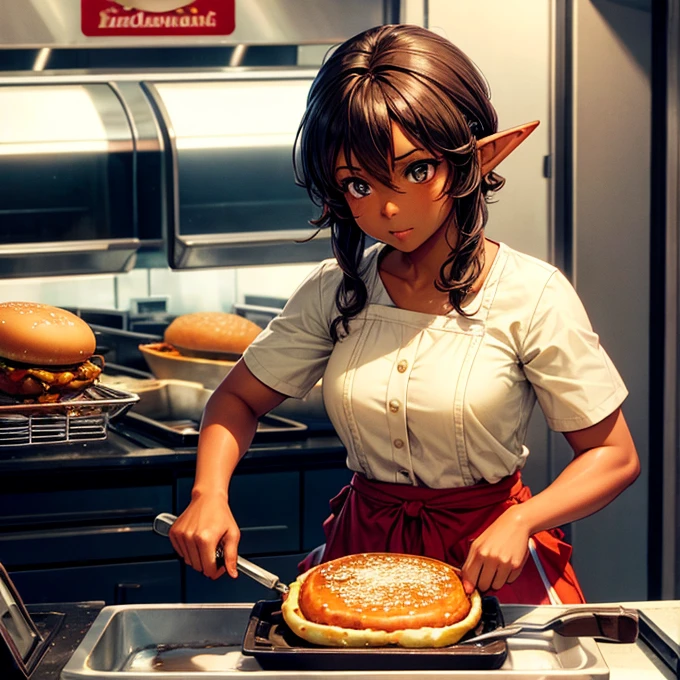 A brown-skinned elf girl frying potatoes at a hamburger joint