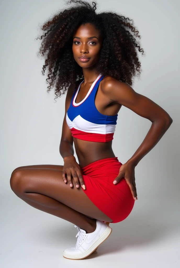 A black Brazilian woman with curly hair and a perfect body wearing a white, red and blue tricolor cheerleading outfit, squatting in a 4-way position with one hand up her skirt showing her ass and the other hand pushing her panties aside