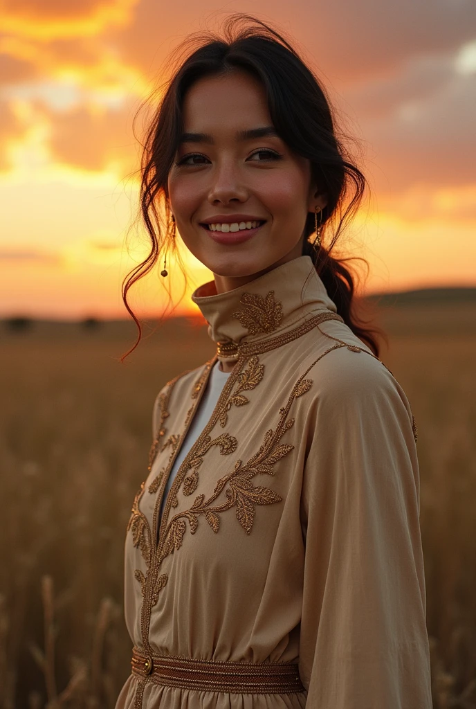 long shot scenic professional photograph of Masterpiece, absurdres,award winning photo, UHD 12k, extremely detailed, amazing, fine detail, ((extremely detailed eyes and face)), by lee jeffries nikon d850 film stock photograph 4 kodak portra 400 camera f1.6 lens rich colors hyper realistic lifelike texture dramatic lighting unrealengine trending on artstation cinestill 800 tungsten, beautiful smiling woman,Haute_Couture, woman ,in a turtleneck_style rustic baige colour dress posing for a picture,golden embroidery,jewelry ,wearing Haute_Couture perfect viewpoint, highly detailed, wide-angle lens, hyper realistic, with dramatic sky, polarizing filter, natural lighting, vivid colors, everything in sharp focus, HDR, UHD, 64K