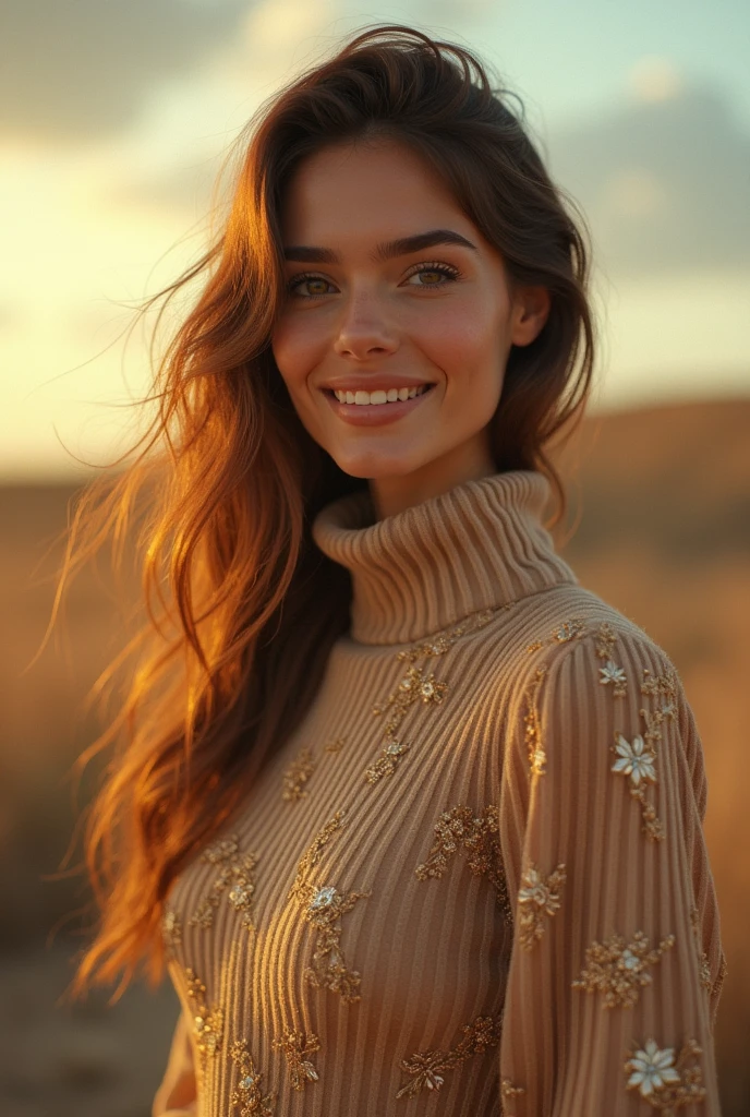 long shot scenic professional photograph of Masterpiece, absurdres,award winning photo, UHD 12k, extremely detailed, amazing, fine detail, ((extremely detailed eyes and face)), by lee jeffries nikon d850 film stock photograph 4 kodak portra 400 camera f1.6 lens rich colors hyper realistic lifelike texture dramatic lighting unrealengine trending on artstation cinestill 800 tungsten, beautiful smiling woman,Haute_Couture, woman ,in a turtleneck_style rustic baige colour dress posing for a picture,golden embroidery,jewelry ,wearing Haute_Couture perfect viewpoint, highly detailed, wide-angle lens, hyper realistic, with dramatic sky, polarizing filter, natural lighting, vivid colors, everything in sharp focus, HDR, UHD, 64K