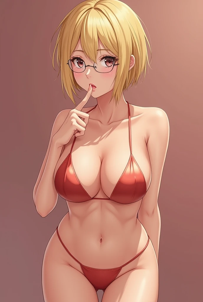 bare woman,Nipple botch,big-ass,busty, index finger inside the vagina,short blonde hair,anime image