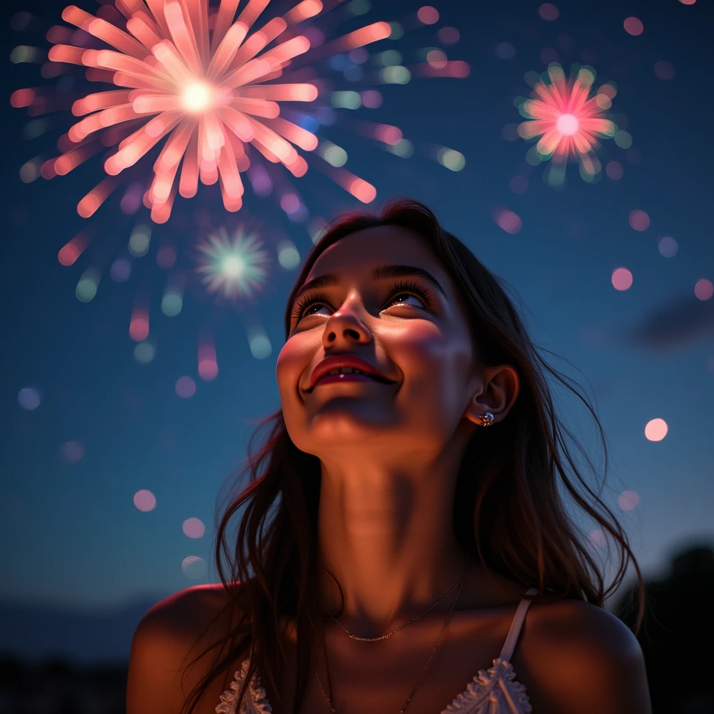 Many fireworks in eyes of young lady at night
