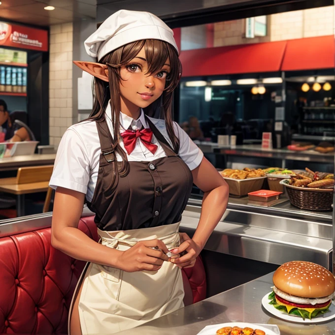 A brown-skinned elf girl working at a hamburger restaurant