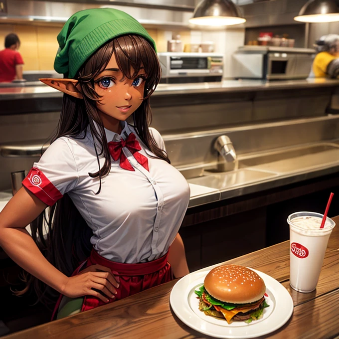 A brown-skinned elf girl working at a hamburger restaurant