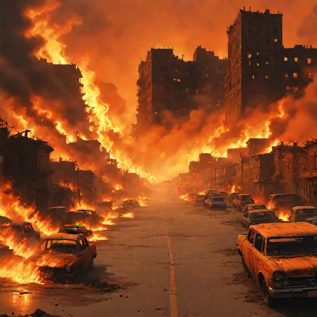 (masterpiece, best quality:1.2), hellconstantine, fire, flames, street in a city, in hell, burning city, burning buidings, burning cars, rusty, dust, brown, orange, dark sky, evil, scary, horror