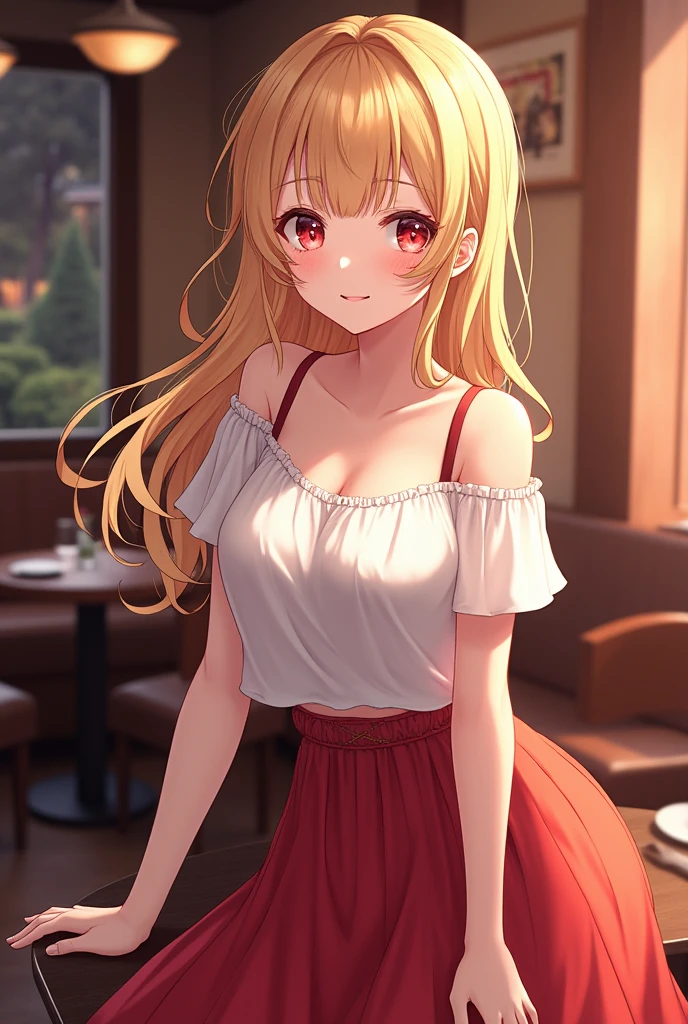 (best quality, ultra-detailed, photorealistic: 1.39), bright and vibrant colors, studio lighting, romantic expression, An effeminate girl, with a delicate and beautiful face. She is a girl who reflects seductive beauty, sparkling red eyes, extremely beautiful woman, perfect lips in a soft smile , long skirt, ruffles on the skirt, women's strap t-shirt, supposedly in the restaurant, elegant pose, body in the image, blonder hair sparkling, anime style