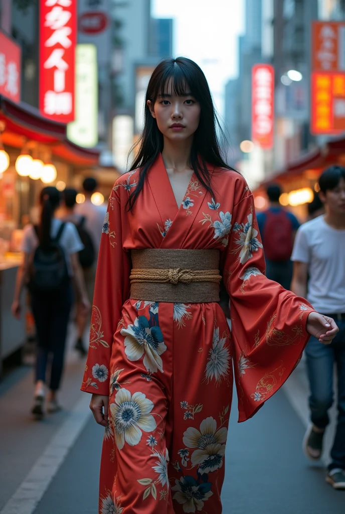 A Japanese female model walks briskly through the lively streets of Tokyo, effortlessly capturing the attention of passersby. She is dressed in a striking mode-style outfit that skillfully combines classic fashion elements with modern innovation. Her attire features a fabric with the smooth, flowing quality of a kimono, enhanced by a bold pop of color that adds a contemporary twist. Her confident and graceful stride embodies the new norms of fashion, seamlessly blending the timeless with the avant-garde, all while turning heads in the heart of Japan's bustling capital.