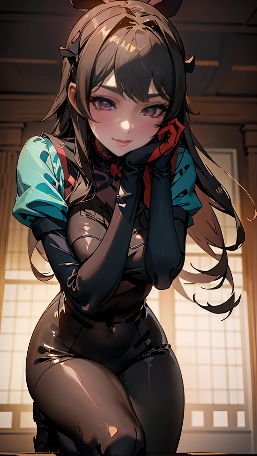 gigantic ((Mai Sakurajima from Seishun Buta Yarou wa Bunny Girl Senpai no Yume wo Minai)) Quiet and introspective (best quality masterpiece) soft smile, Eyes full of quiet confidence (Realistic image intricate details) (One lone woman, Tall and slender figure) long black hair, deep brown eyes (Tight bunny suit, Highlighting her discreet yet captivating charm) Towering over a diminutive human, Her hand resting lightly on his head, The contrast in their sizes gives her a silent sense of control and curiosity. The power dynamic intrigues her, Filling her with a subtle satisfaction, introspective. bottom: Silent library, The air thick with the scent of old books and mystery.