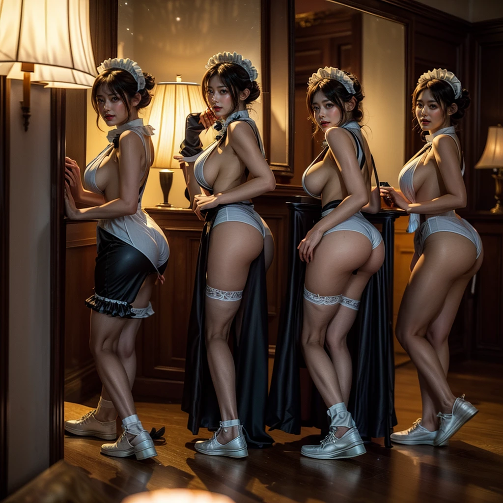 (Full Body of Extremely Detailed((Sexy Maid Group in a row:1.37))), KAWAII perfect face, Reflective Eyes, Detailed(Delicate Clothing textures), Correct long Leg Line, Dynamic Joyful Expressions LifeLike Rendering, Specular Reflection, TopQuality 8K Ultra-detailed masterpiece (ProfessionalPhoto:1.37), (Acutance:0.8), (Luminism:1.28), Renaissance art style, (Colorful Light particles), ((Full body from side)), {(Kissing Face to Face)|Roundly Cute AssFocus|(NakedApron with Overflowing SideBoob)}, Radiant Fine Skin with Transparency, (Exposed:0.4), Different types of hair color, Perfect Lighting