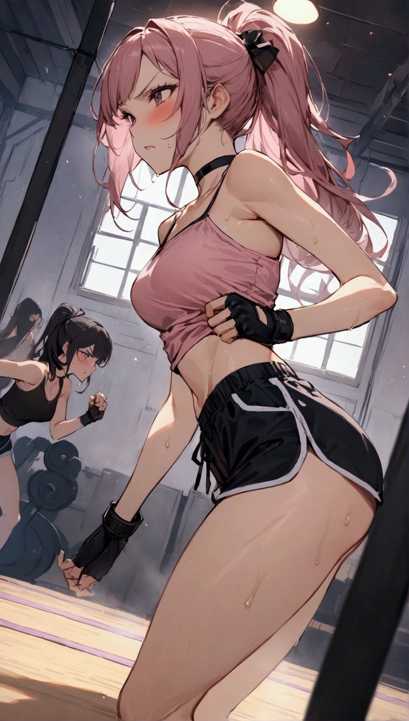 {{masterpiece}}, {{{Highest quality}}},{{Very detailed}}{{female martial artist}},{{Female fighters are sparring in the ring and struggling.}},{{}},solo,1girl, {{Very slim legs:1.2}},slim body,{{}},{{}},Mature Women,Dynamic composition、Dutch Angle,from side,Focus on thighs,,v-shaped eyebrows.profound,Bad mood,blush,Sweat,{{clavicle:1.4}},{{}},,choker,,,,black fingerless gloves,dolphin shorts, Pink camisole, long hair,ponytail Blunt bangs,high-cut sneakers,On the ring,Small crowd outside the ring,Gym Indoor